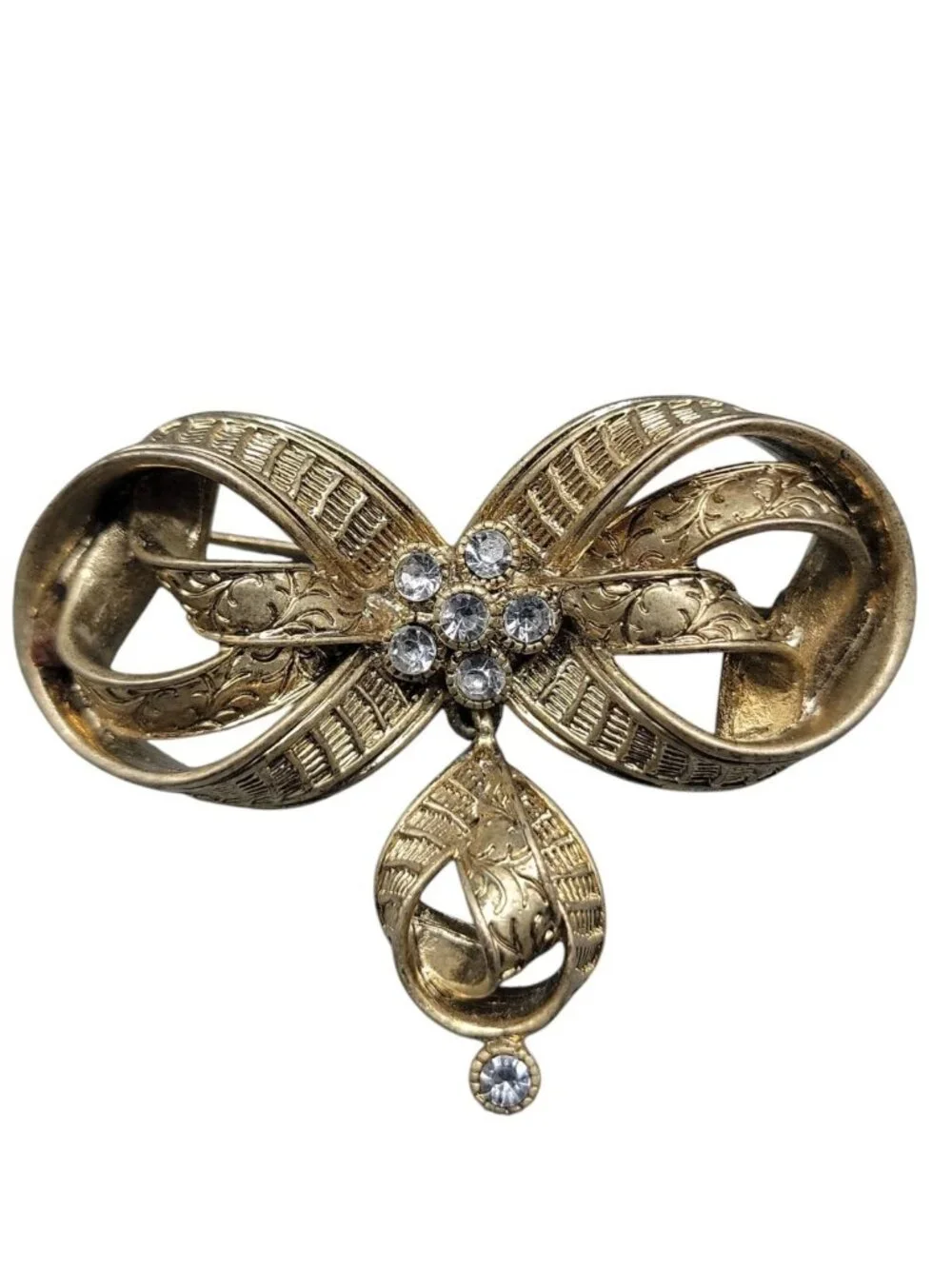 Bow Brooch Etched Multi Loop Dangling Design Rhinestone Accented Pin